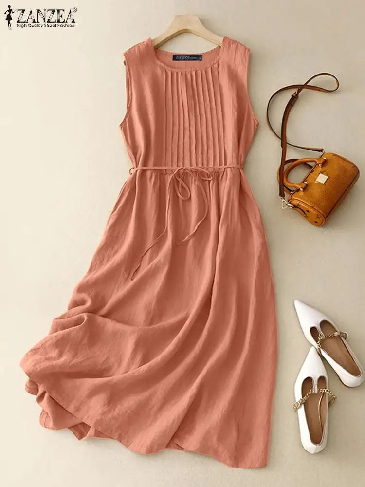 ZANZEA Women Round Neck A-lin Midi Dress Korean Casual Tank Robe Casual Solid Pleated Vestidos 2024 Summer Sleeveless Sundress