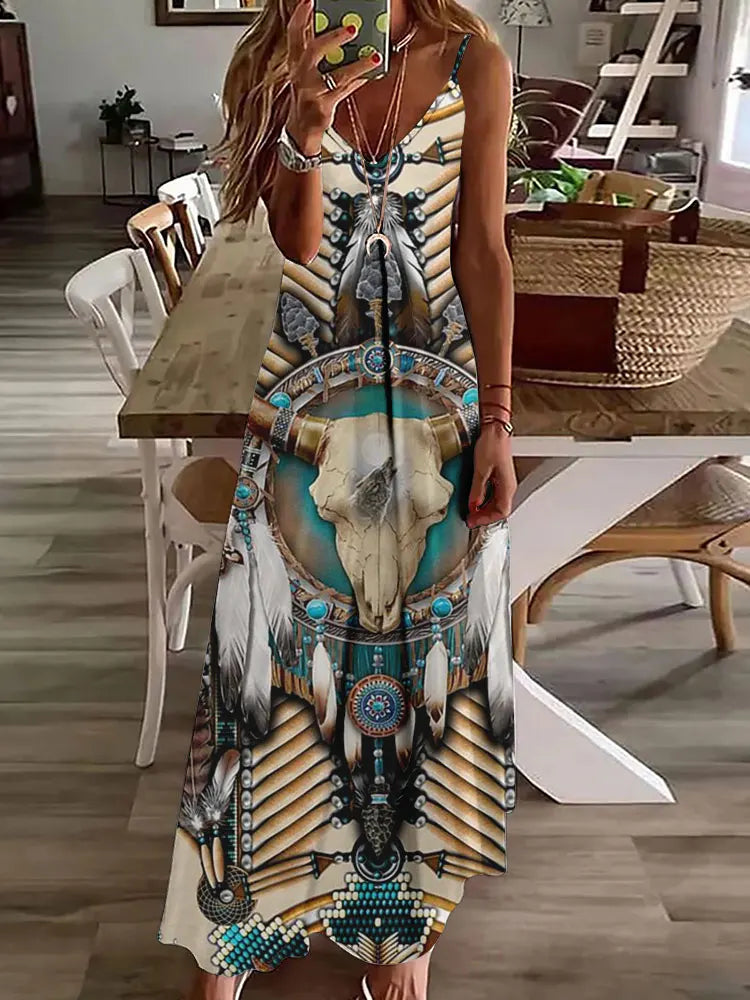 Women's Long Spaghetti Strap Tribal Pattern Dress
