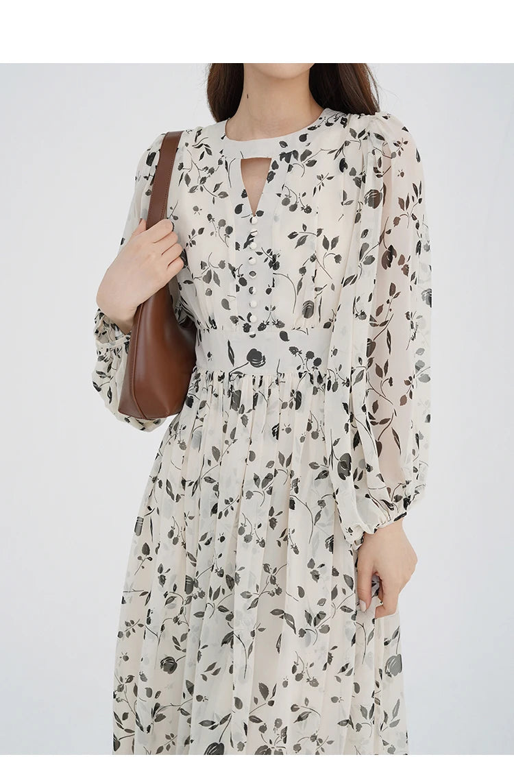 Floral Midi Dress Women Sweet A-Line Long Sleeve Hollow Out Dress Elegant High Waist Casual Long Dress Daily or Vacation Outfits
