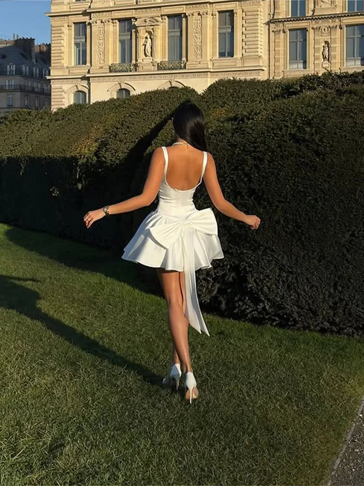 Elegant 3d Bow Backless White Mini Dress Women Fashion Sling A-line Pleated Vestidos Spring Summer Lady Party Evening Gown