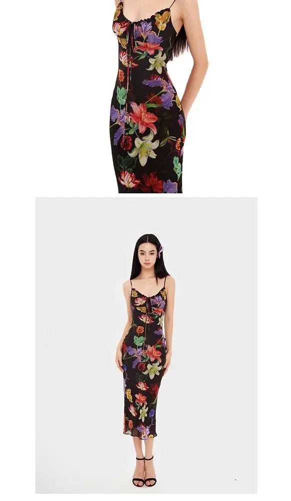 Black Tropical Maxi Dress 2025 Women Sleeveless Bodycon Mesh Dress Jungle Print Backless Evening Dress Dark Flora Aesthetic