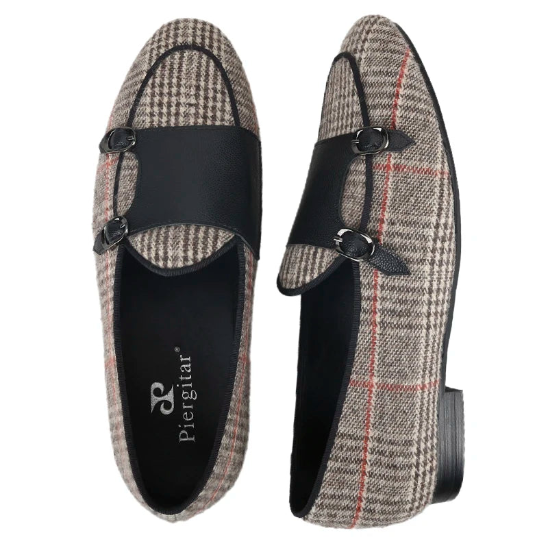 Piergitar 2024 Summer Style Plaid Cotton Men's Loafers Handmade Stitching Metal Buckle Monk Slippers Breathable Leather Insole