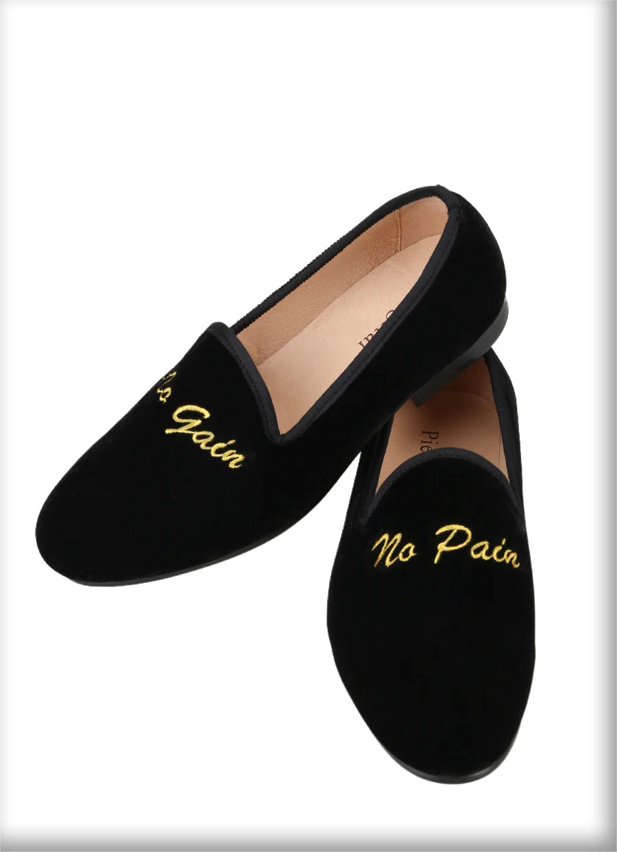 Black Velvet Moccasins with Gold Personality Embroidery for Party and Banquet Handmade Slip On Loafers