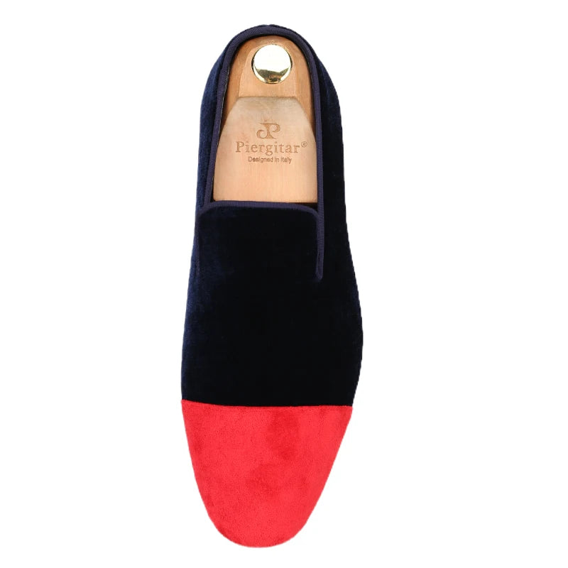 Piergitar Mixed Velvet Men's Loafers For Party And Wedding Handmade Slip-On Moccasins Red Outsole Breathable Leather Insole