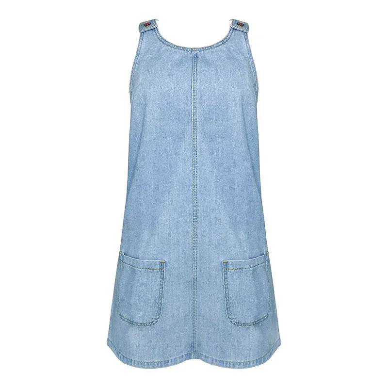 Women's Denim Dress Sexy Cool Strap Mini Dress Solid Color Sleeveless Pockets High Waist