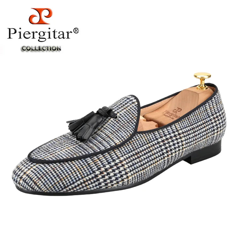 Piergitar Gray Color Gingham Cotton Men's Loafers With Leather Tassels Fashion Party Handmade Smoking Slippers Slip-On Flats