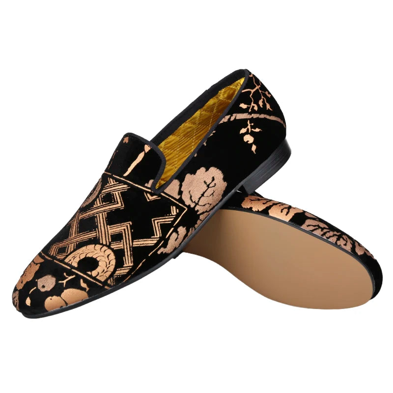 Customized Chinese style slip-on smoking shoes with gold totem print on black velvet.