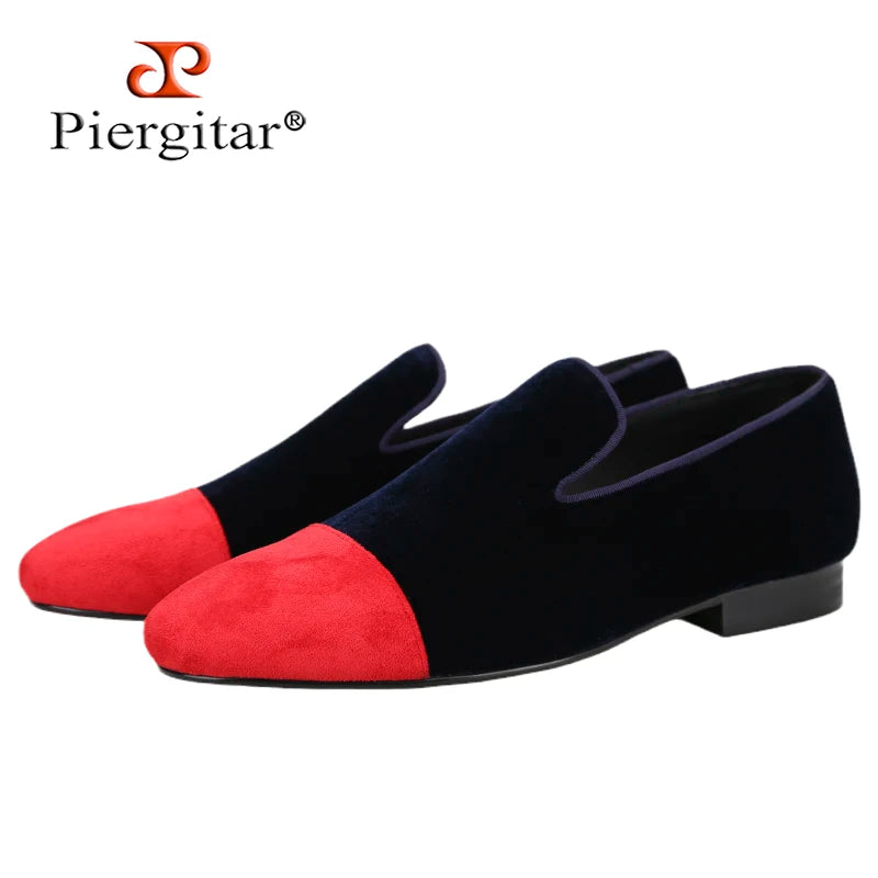 Piergitar Mixed Velvet Men's Loafers For Party And Wedding Handmade Slip-On Moccasins Red Outsole Breathable Leather Insole