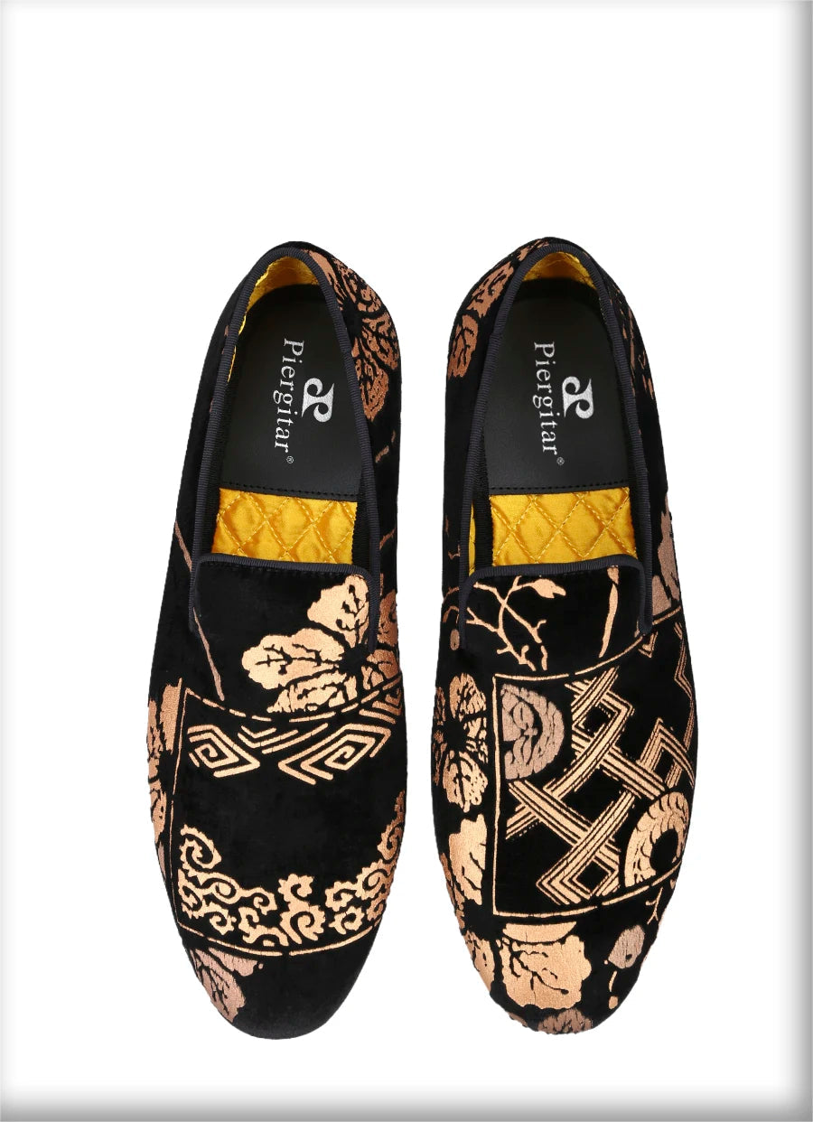 Customized Chinese style slip-on smoking shoes with gold totem print on black velvet.