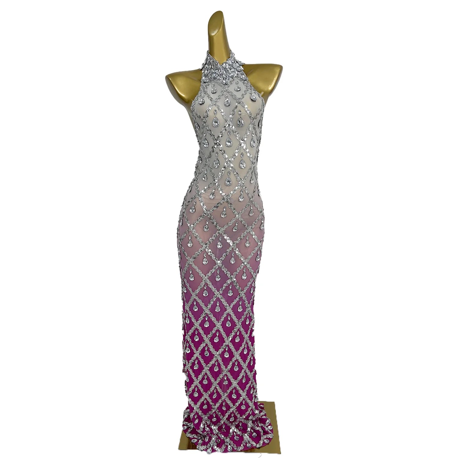 New Rhinestone Sequined Sleeveless Floor Length Dress for Dance Sexy Backless Tight Dress Holiday Party Club Birthday Dress
