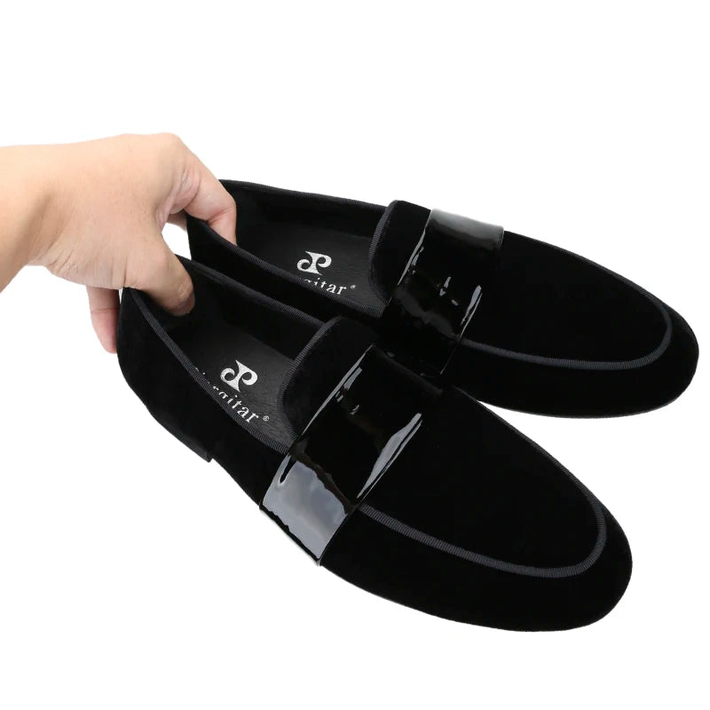Classic Black Velvet Slip-On Men Shoes with Patent Leather Cross Strap Loafers for Fashion Party Wear