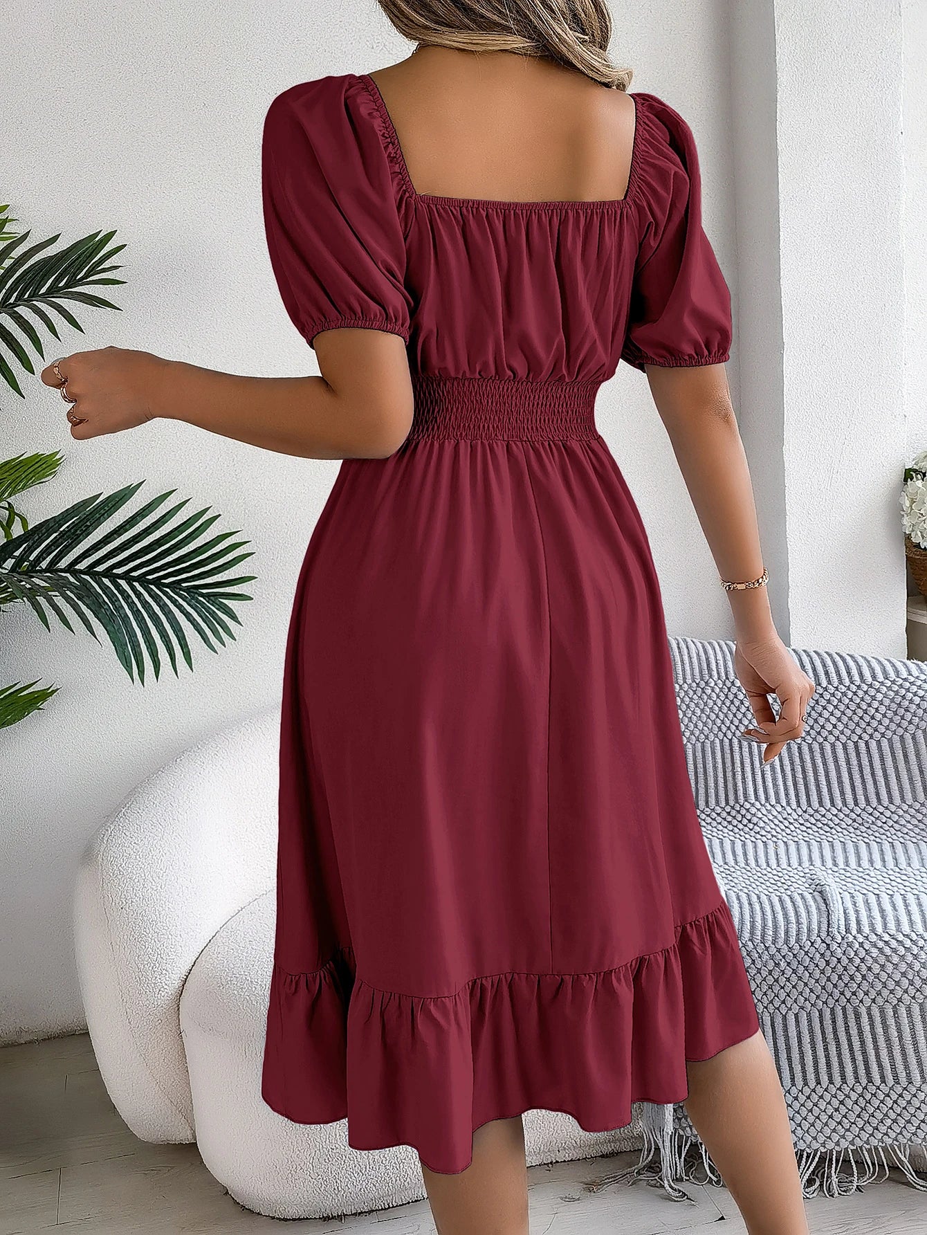 2024 New Fashion Solid Puff Sleeve Square Neck Ruched Bust Ruffle Hem Wasit Dress, Women's Clothing