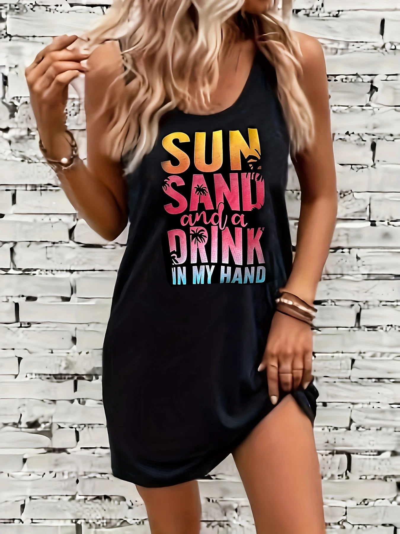 Women's Summer Sleeveless Tank Top Dress Sexy Women's summer loose sleeveless short mini dress with black print