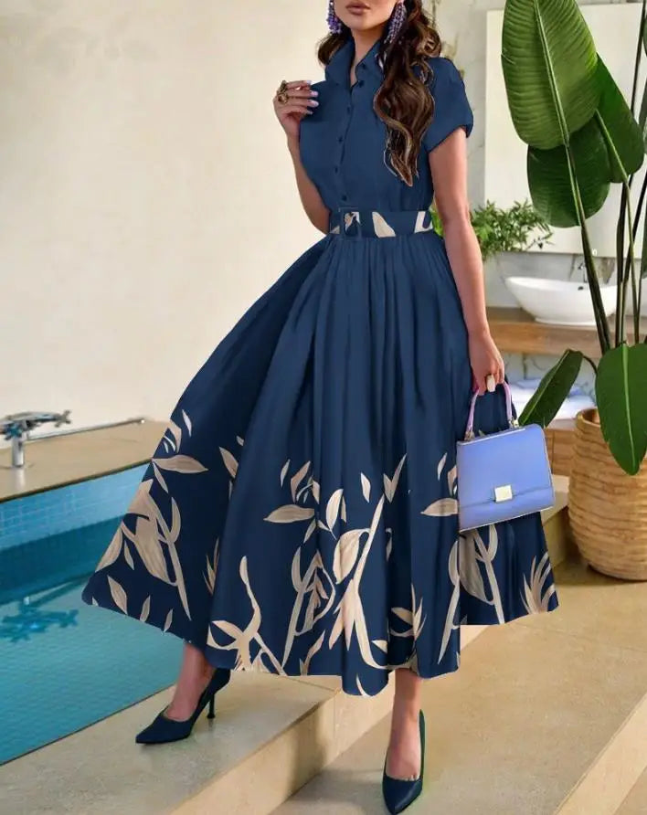 2023 Summer New Casual Commuting Women's Dress Fashion Elegant Commuting Floral Print Ruched Buttoned Shirt Dress Ottd
