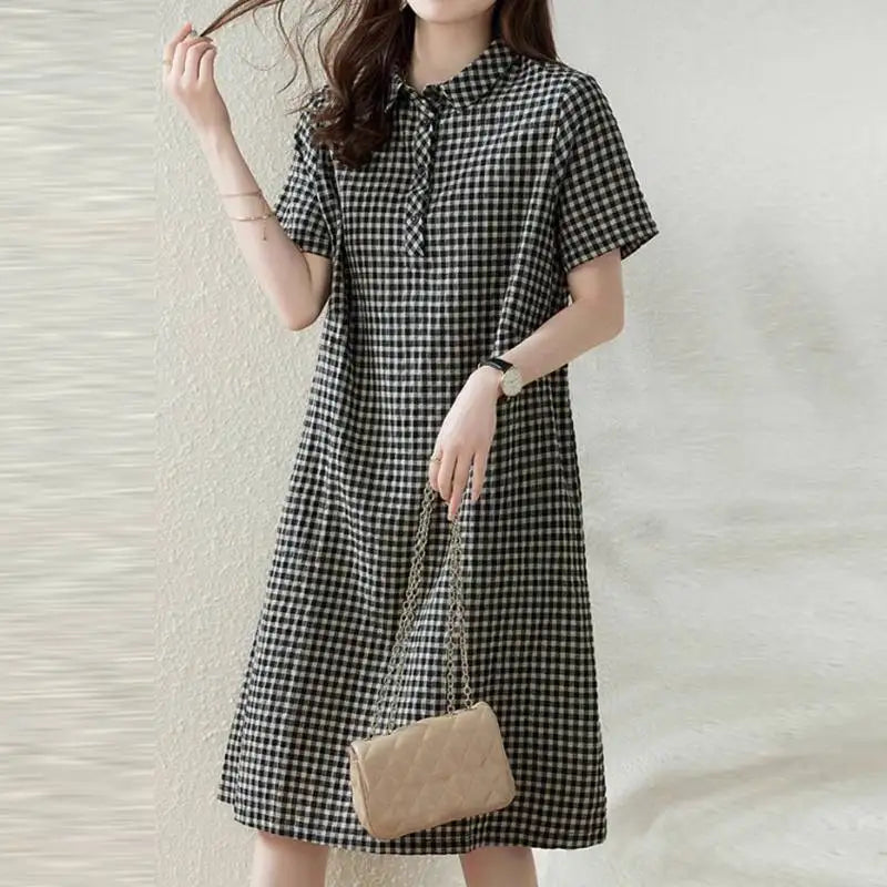ZANZEA Women Plaid Long Shirt Dress 2024 Summer Short Sleeve Midi Dress Fashion Office Lapel Neck Robe Casual Loose Lady Vestido