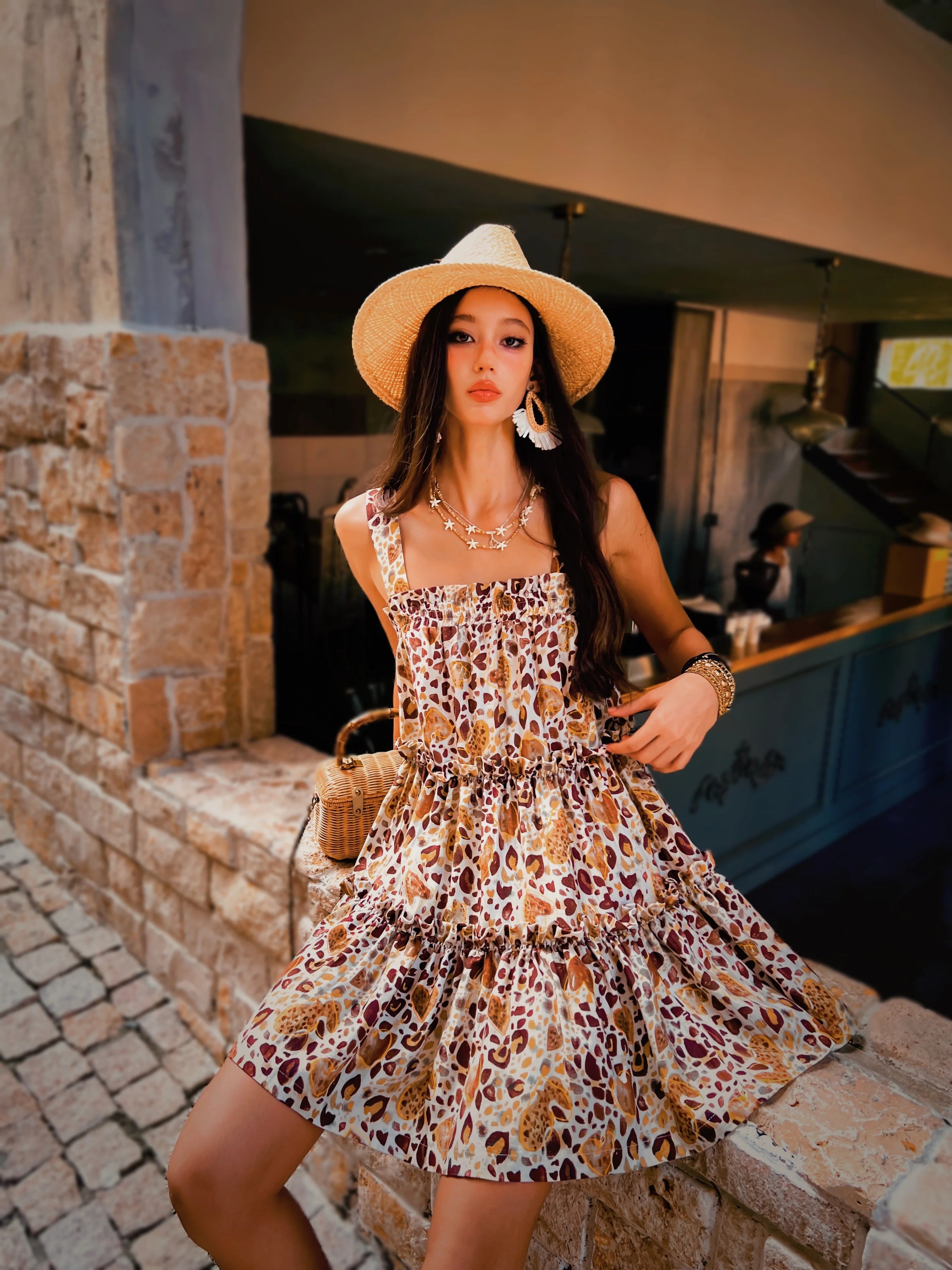 Summer Print Spaghetti Strap Dress Women's Dress Backless Long Camisole Dress Knee-Length Skirt Y2K 2025 New DABUWAWA DM2BDR002