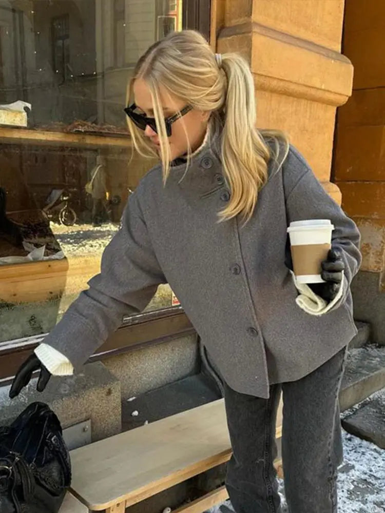 Stand Collar Women Winter Woolen Coats 2025 Spring Single Breasted Loose Female Long Sleeve Jacket Office Lady Street Short Coat