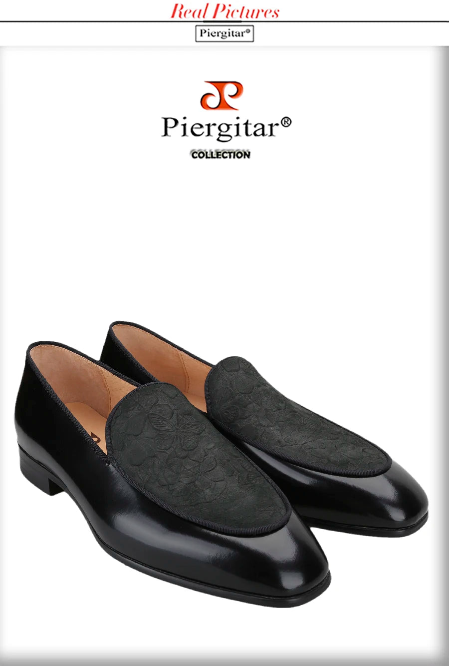 Piergitar Flower Pattern Embossed Leather Patchwork With Black Calfskin Men's Loafers Handmade Slip-On Slippers Red Bottom Flats