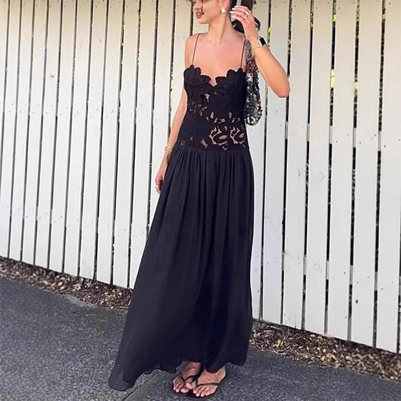 Women's Sleeveless High Waist Pleated Hollow Lace Dress