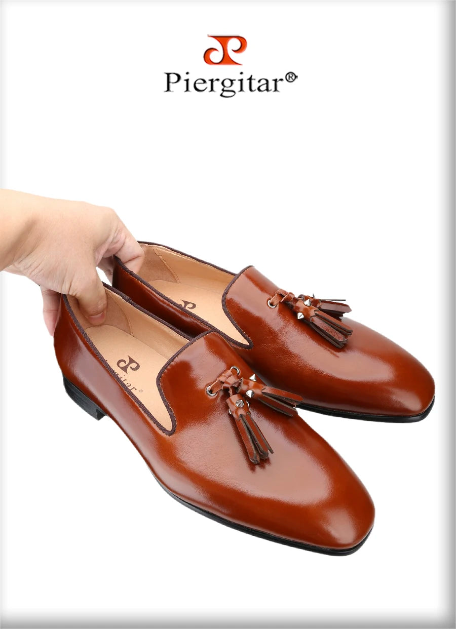 Piergitar Patinated Calf Leather Iconic Dandelion Loafers With Tassels Featuring Metal Spikes CL Brand Same Model Men Moccasins