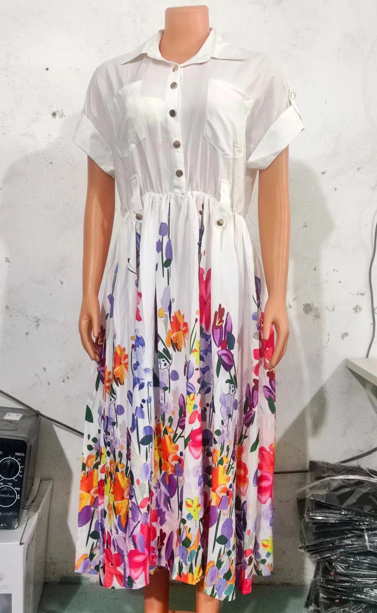 2023 Summer New Casual Commuting Women's Dress Fashion Elegant Commuting Floral Print Ruched Buttoned Shirt Dress Ottd