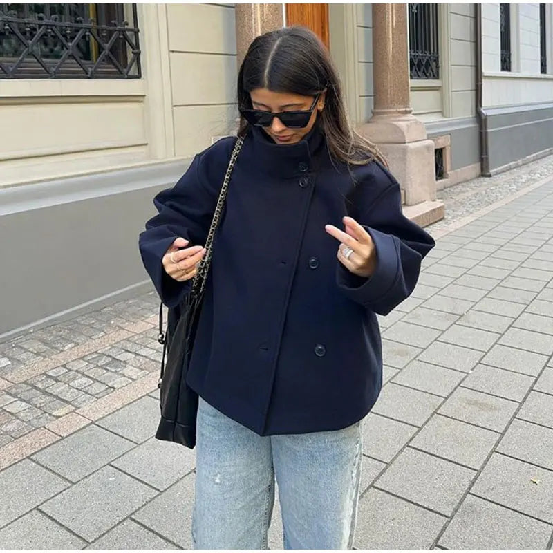 Stand Collar Women Winter Woolen Coats 2025 Spring Single Breasted Loose Female Long Sleeve Jacket Office Lady Street Short Coat