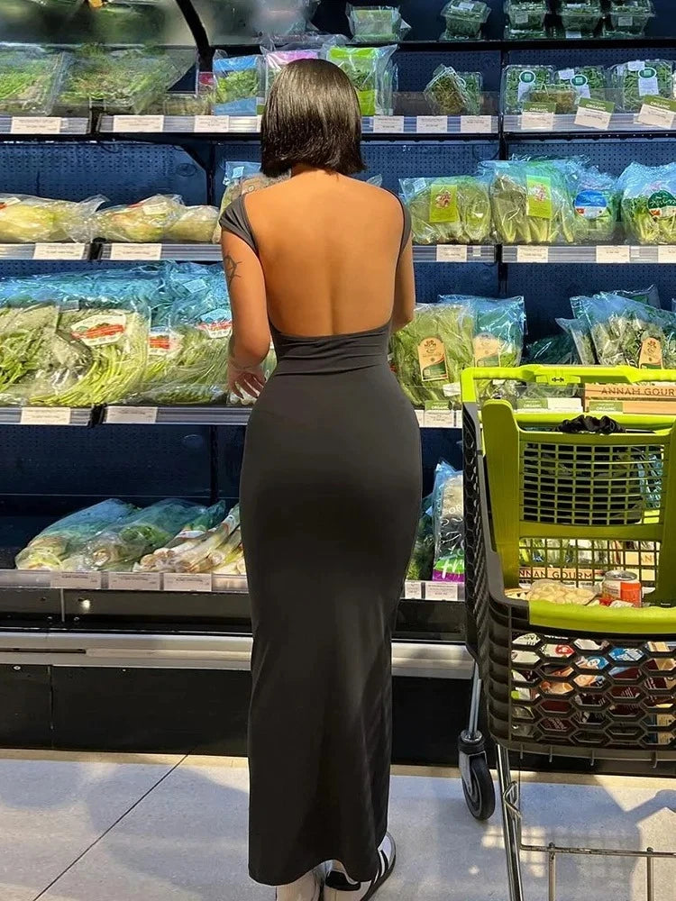Women's Solid Sexy Backless Maxi Dress Elastic Short Sleeve Long Dresses