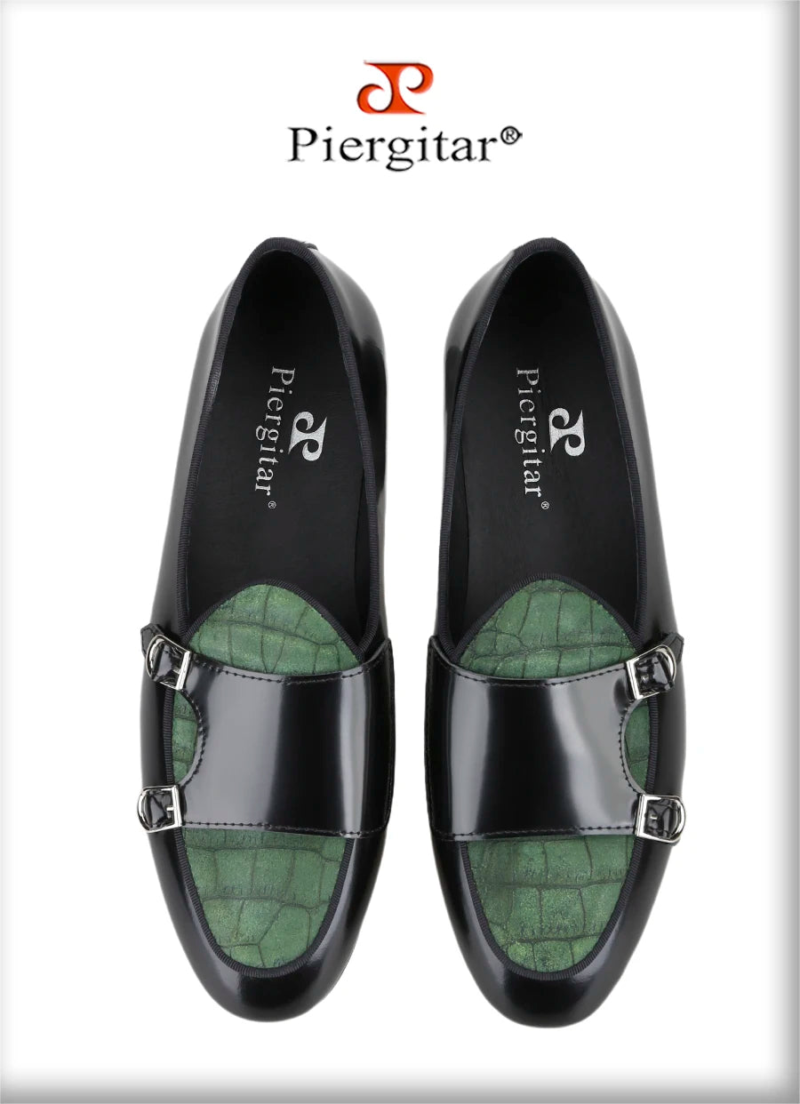 Piergitar Black Polished Leather Patchwork Green Crocodile Suede Men's Monk Shoes Handmade Slip-On Loafers For Wedding And Party