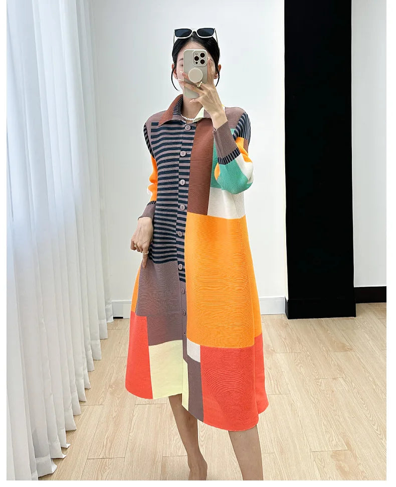 Miyake Women's Color Matching Dress, Autumn and Winter New Fashion Print Pleats, Medium Length, Loose Length Skirt