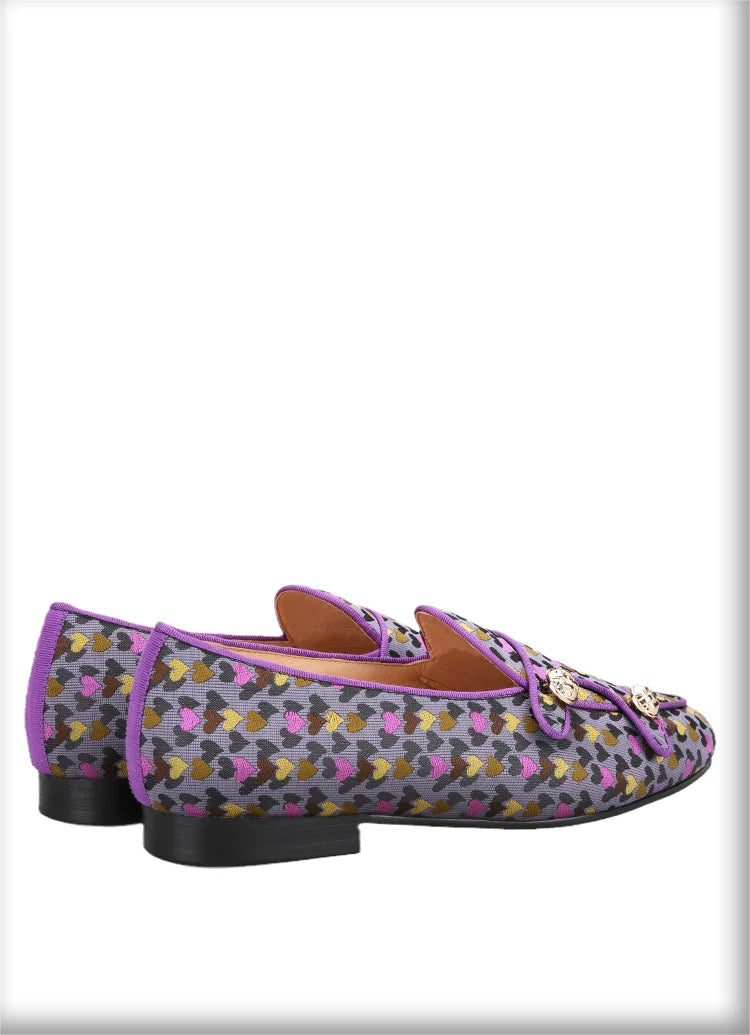 Men's slip-on monk shoes with gold buttons and a violet color silk heart jacquard, made by hand.