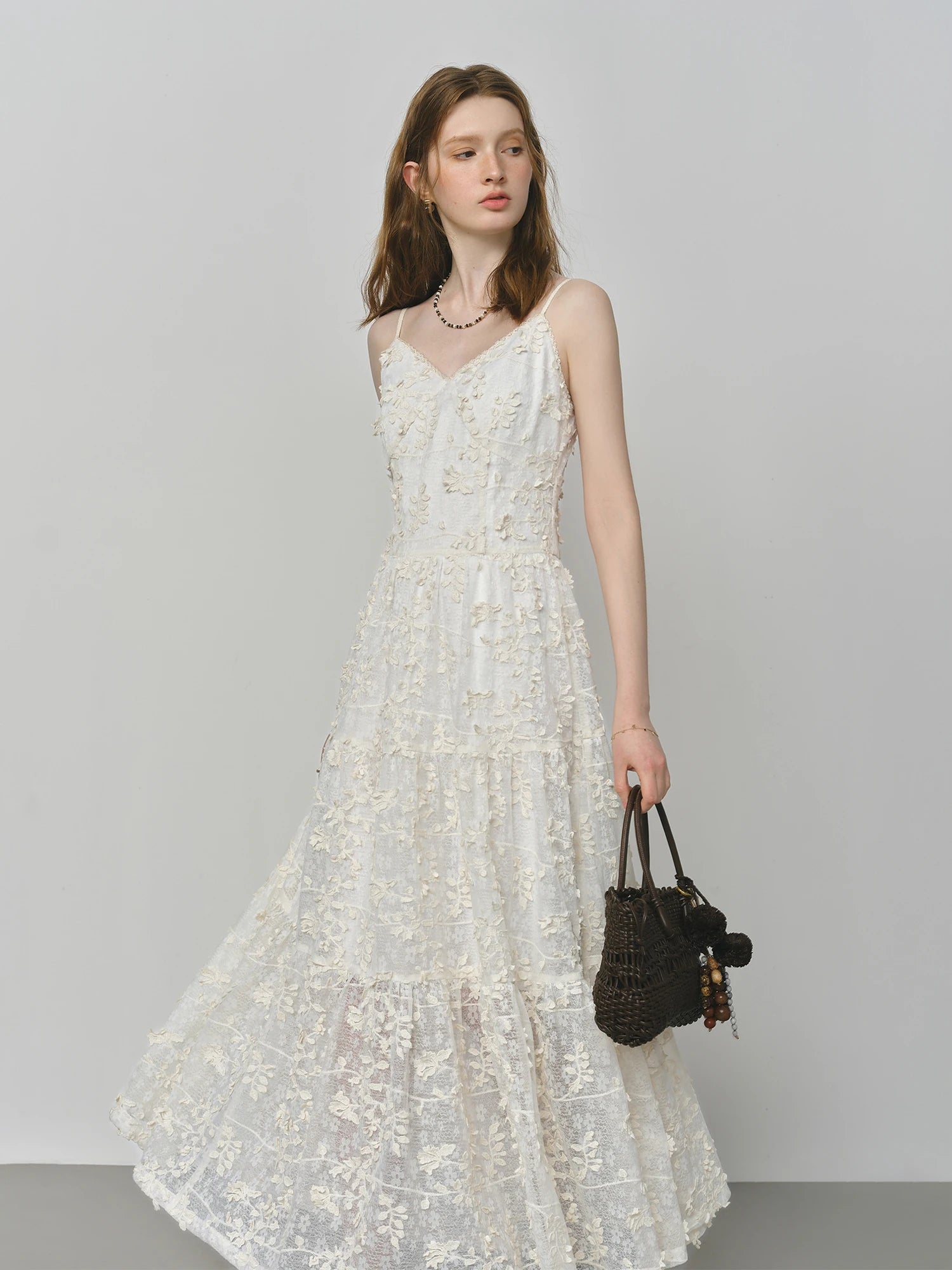 French Heavy Embroidery Floral Layered Strap Autumn Women Dresses
