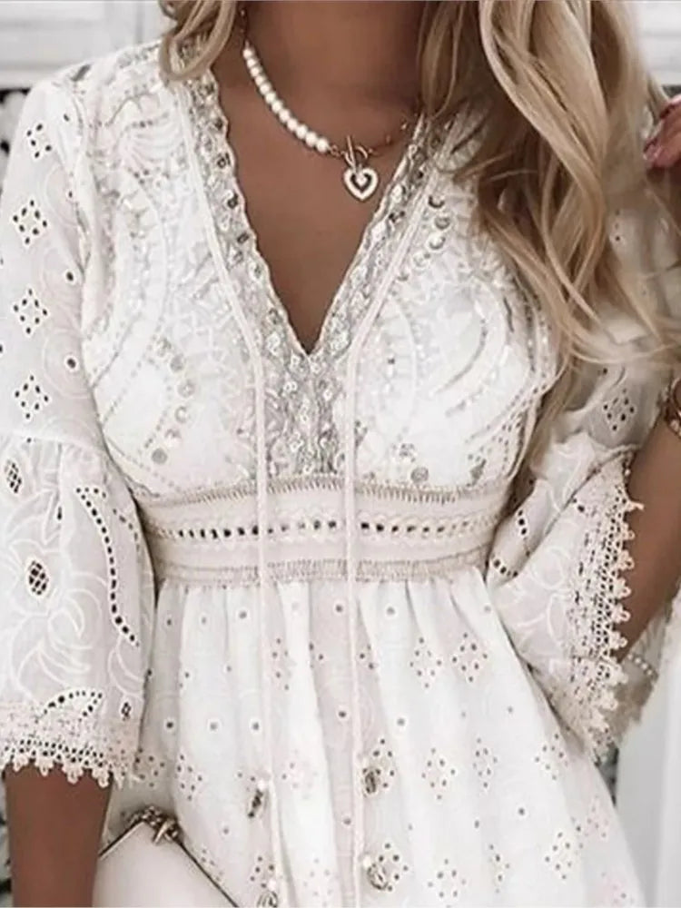 Women's White Hollow Lace up Mini Dress