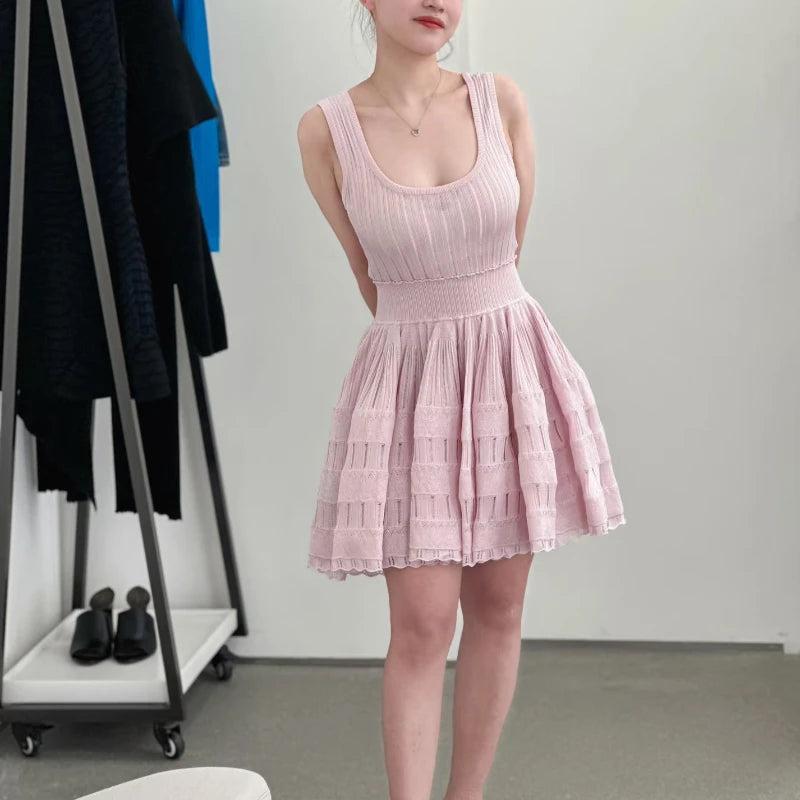 2025 Summer New in Pink Sleeveless Ribbed Knit Bodycon Mini Dress Versatile Work & Casual Outfit