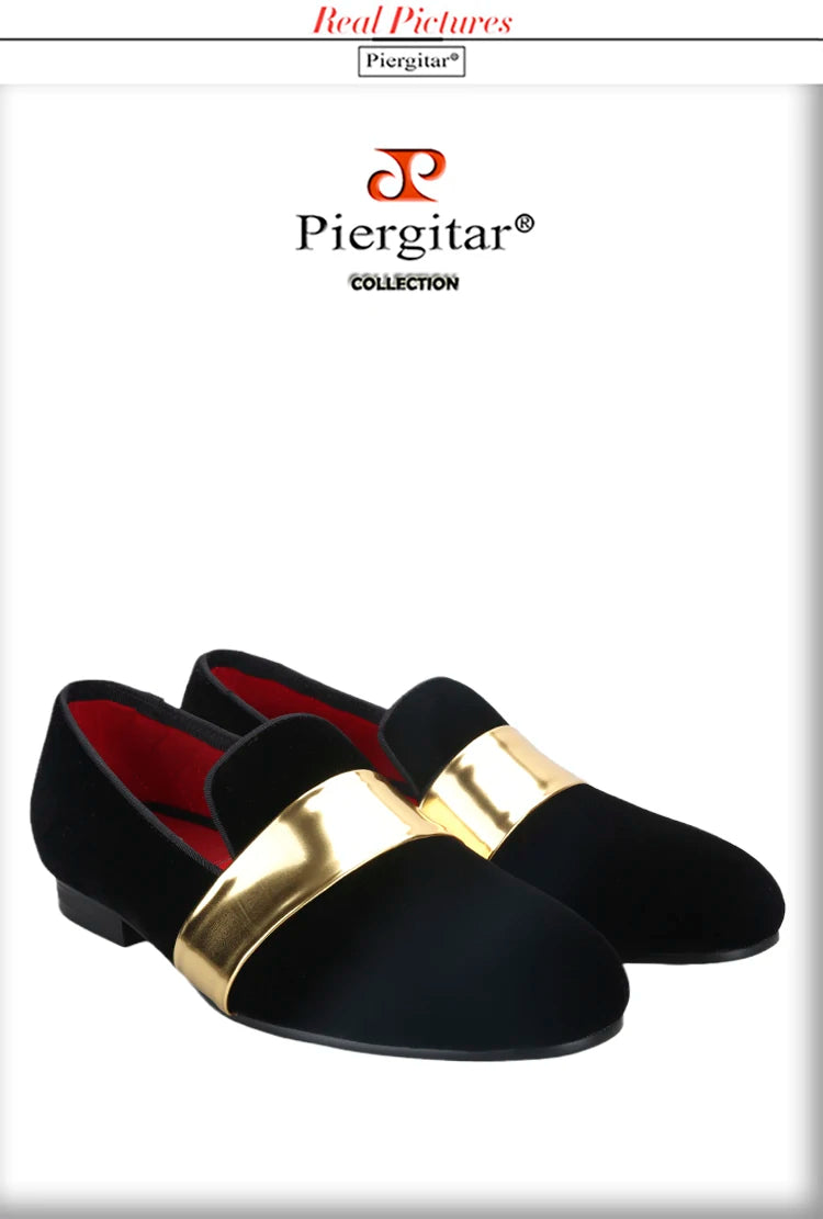 Piergitar New Style Handmade Men Velvet Loafers With Gold Patent Leather Crossbands Fashion Party And Wedding Male Dress Shoes
