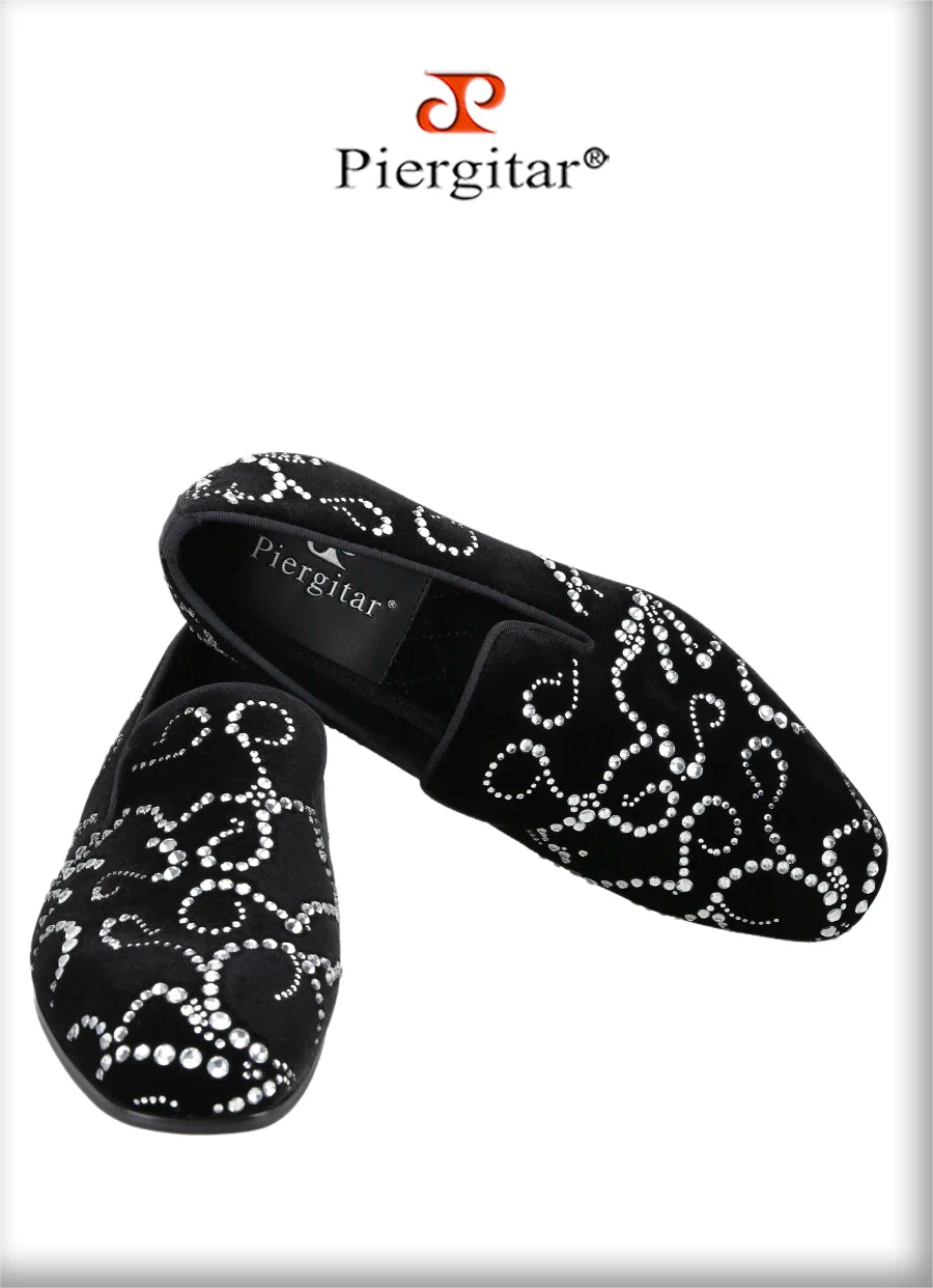 Piergitar Black Velvet And Octodandelion Strass Loafers Luxury Brand Same Design Red Bottom Handmade Crystals Men's Moccasins