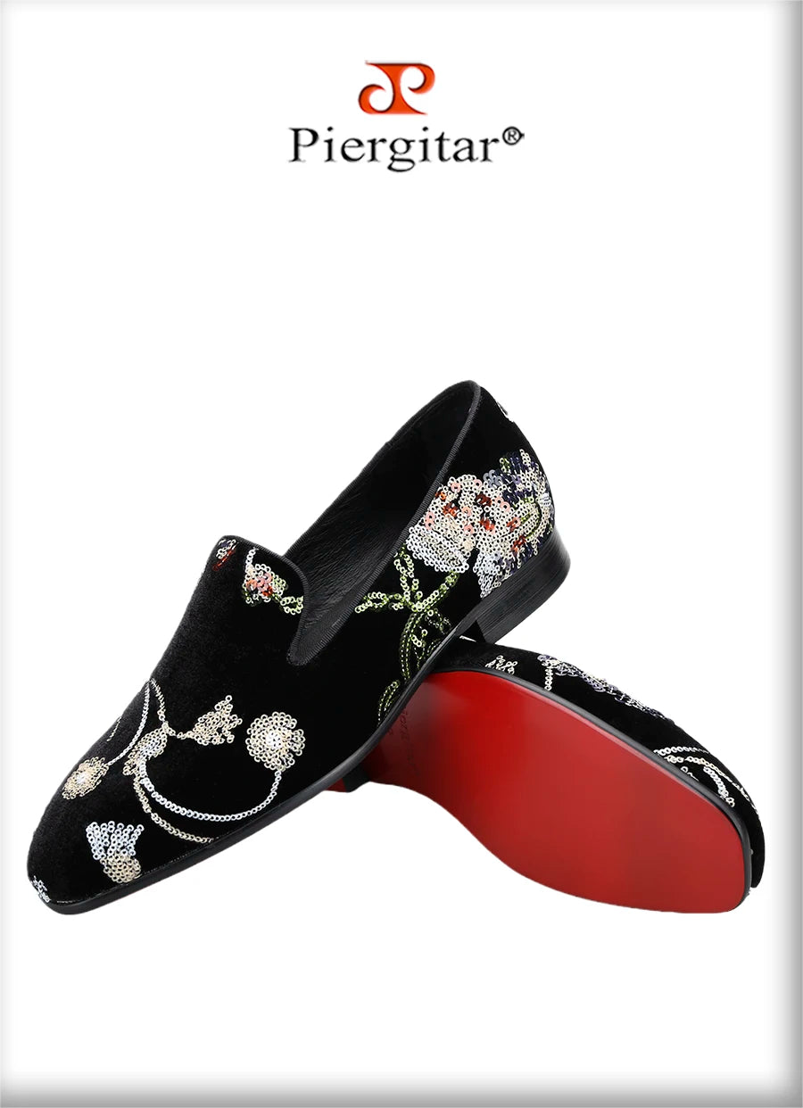 Piergitar Black And Grass Green Velvet With Handmade Classical Chinese Style Sequin Embroidery Men's Loafers Red Sole Moccasins