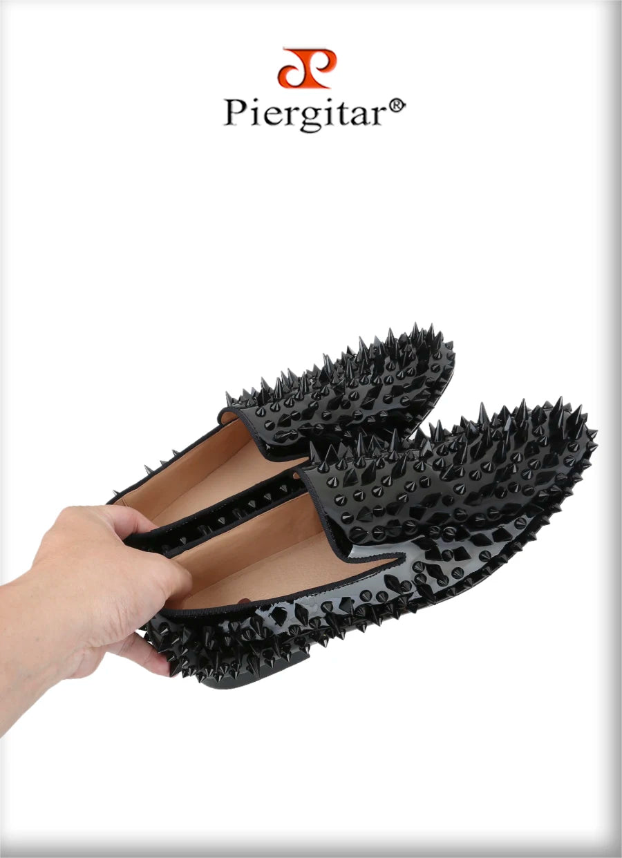 Piergitar Black Patent Leather Men's Loafers With Handmade Different Shapes Of Spikes For Fashion Party CL Brand Red Sole Shoes