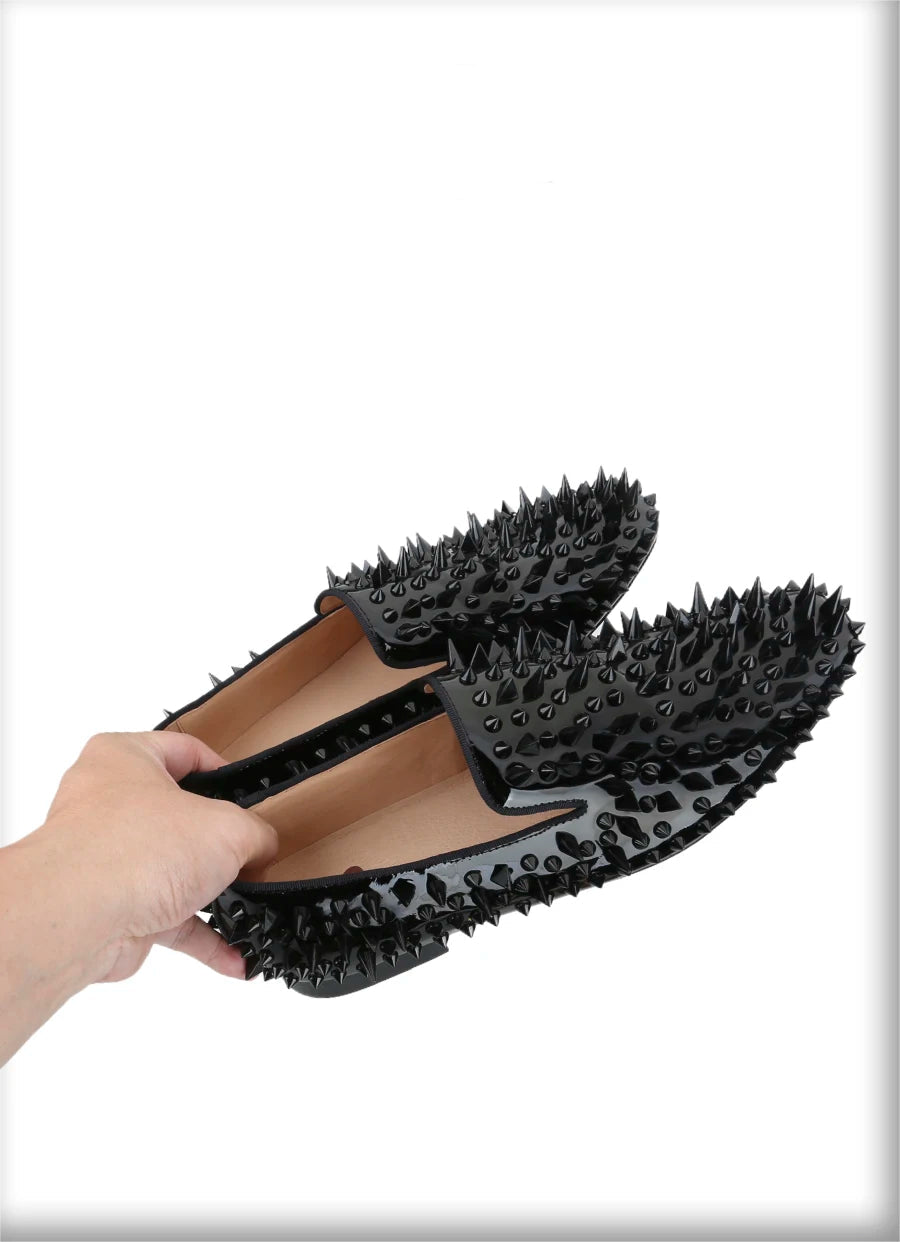 Black Patent Leather Loafers with Handmade Different Shapes of Spikes for Fashion Party CL Brand Red Sole Shoes