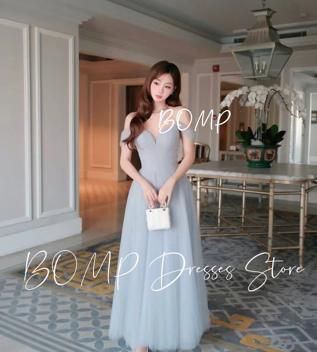 BOMP Princess Grey Korea Wedding Party Dress Sweetheart Off Shoulder Draped Tulle Special Occasion Birthday Gown Customized