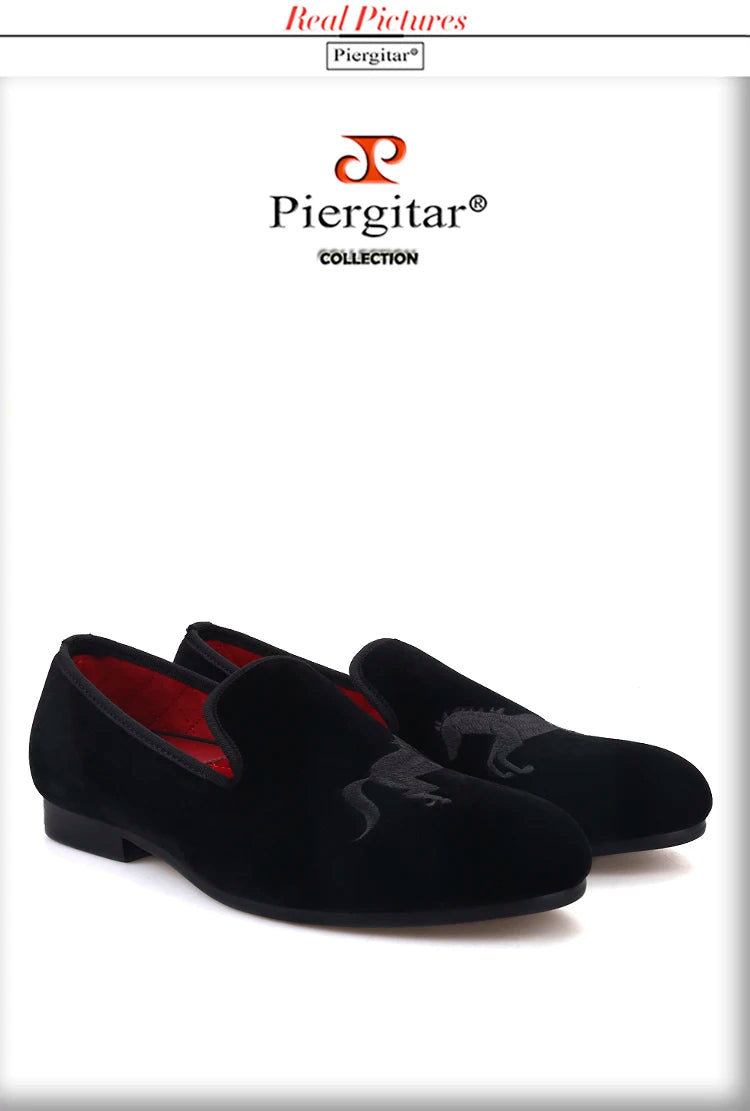 Piergitar High Level Customization Black Velvet Men's Loafers For Party Handmade Horse Embroidery Slip-On Man Smoking Slippers