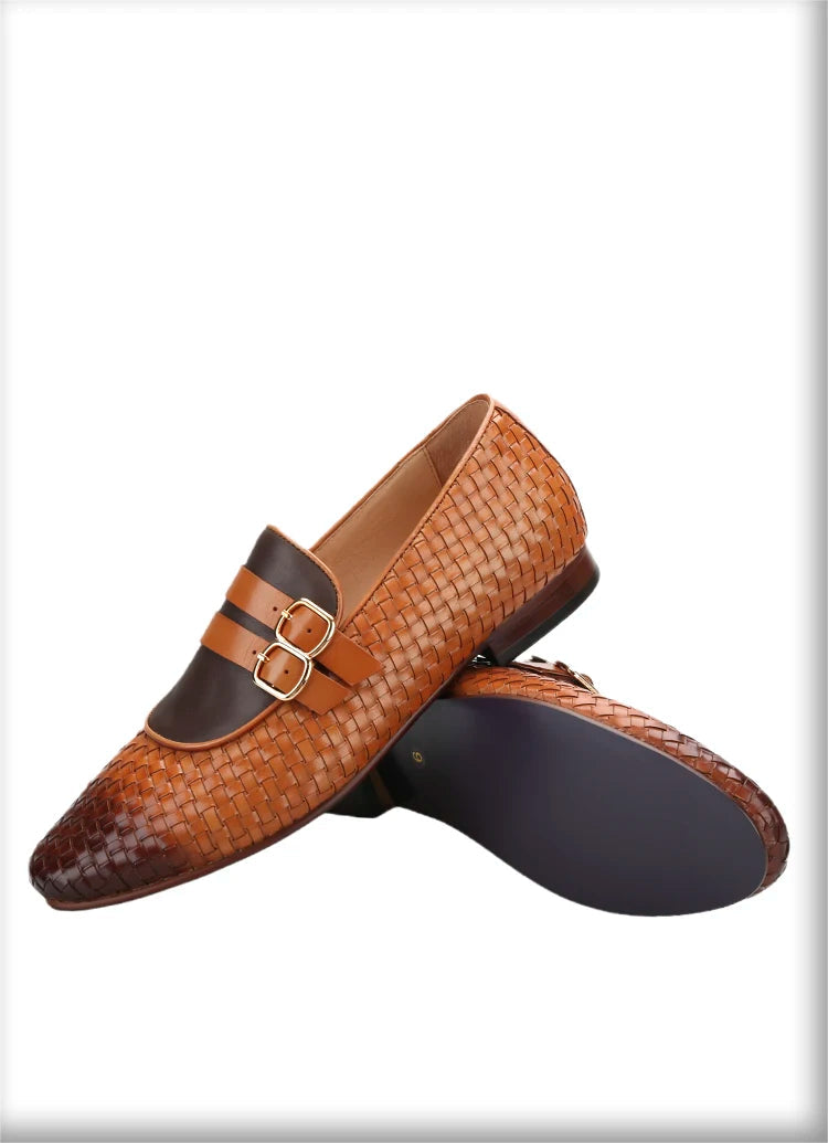 Men's Hand-Rubbed Brown Woven Calfskin Monk Shoes with Cross-Tied Handmade Loafers Genuine Lining