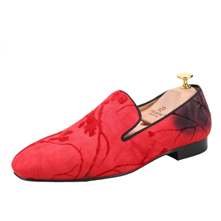 Men's Moccasins with Classic Bright Red Outsole and Three Colors of Flocking Jacquard Tie-Dyed Cottons