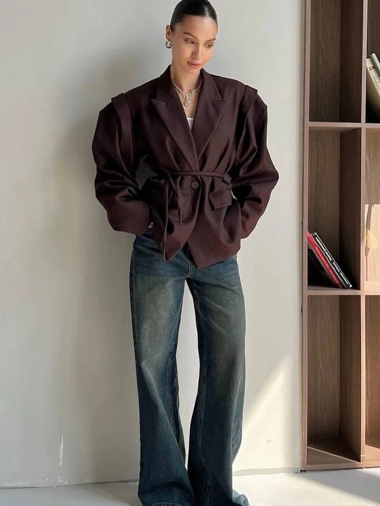 Trendy Lace-up Waist Cinching Blazer Woman Casual V-neck Solid Office Outerwear 2025 Autumn New Commute Long Sleeve Short Coats