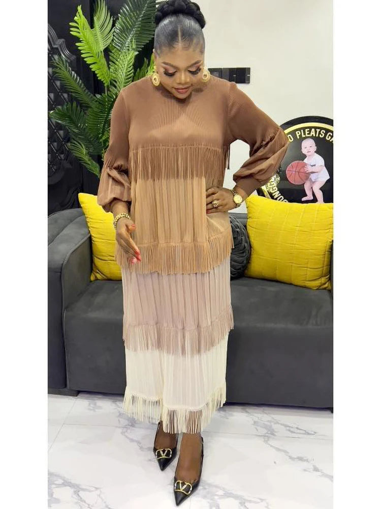 Women's Pleated Puff Sleeve Tassel Dress