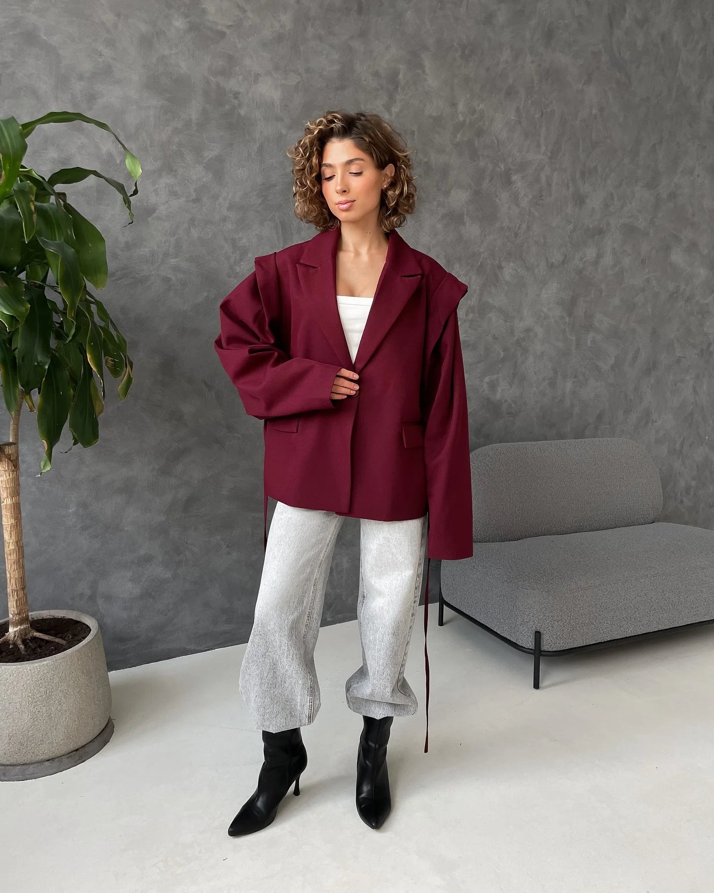 Trendy Lace-up Waist Cinching Blazer Woman Casual V-neck Solid Office Outerwear 2025 Autumn New Commute Long Sleeve Short Coats