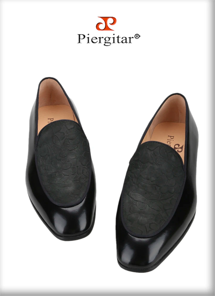 Piergitar Flower Pattern Embossed Leather Patchwork With Black Calfskin Men's Loafers Handmade Slip-On Slippers Red Bottom Flats