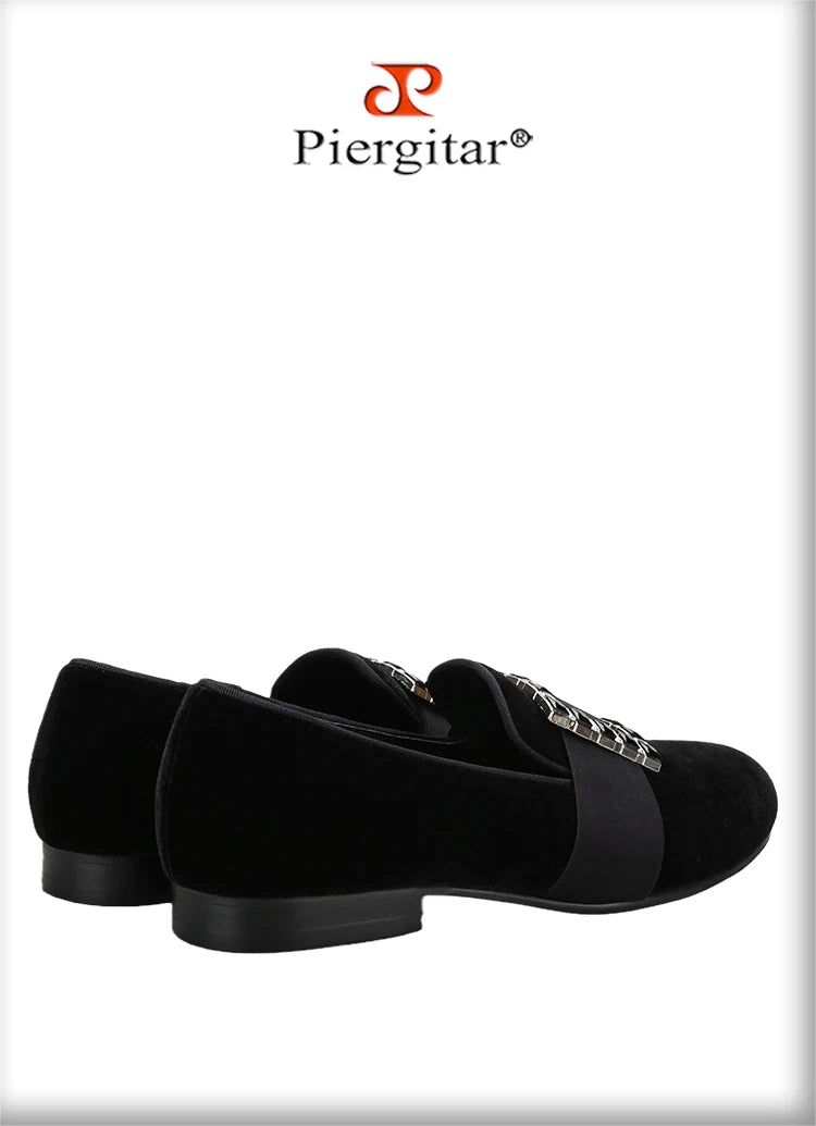 Piergitar Black And Silver Rhinestones Square Buckles Men Velvet Shoes For Wedding Or Party Handmade Slip-On Loafers Plus Size