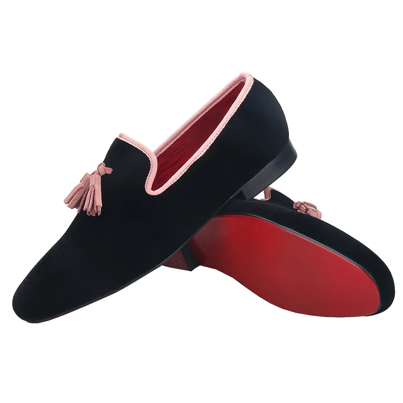 Piergitar 2023 Classic Black Velvet Slip-On Slippers Shoes Handmade Pink Suede Men's Loafers For Party And Wedding Plus Size