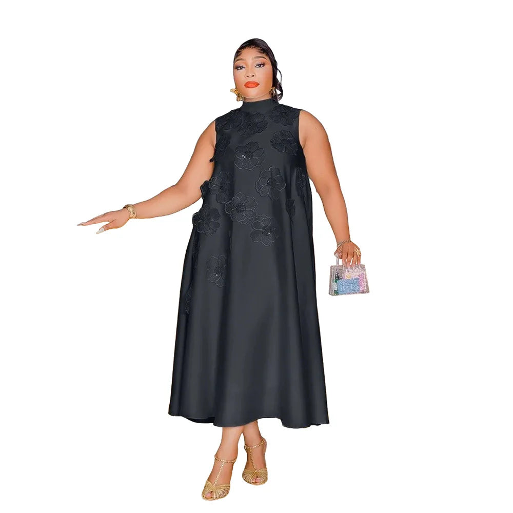 Women Sleeveless Loose 3D Flower O-neck Dress 2025 Summer Bodycon African Street Midi Maxi