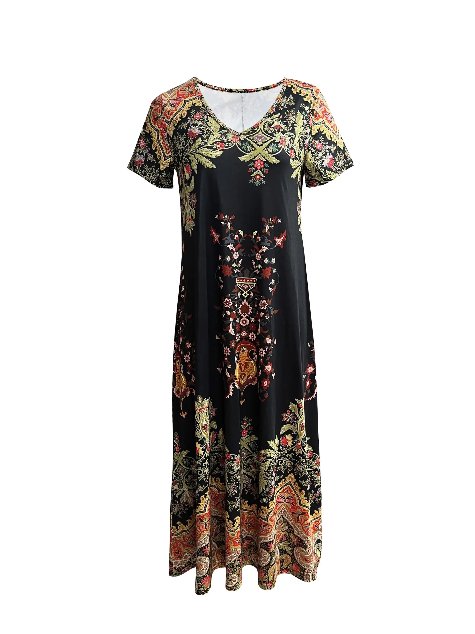 Women's Summer Floral Maxi Dress, V - Neck Short Sleeve, Ideal Vacation Outfits Women, Flowy Dress Summer